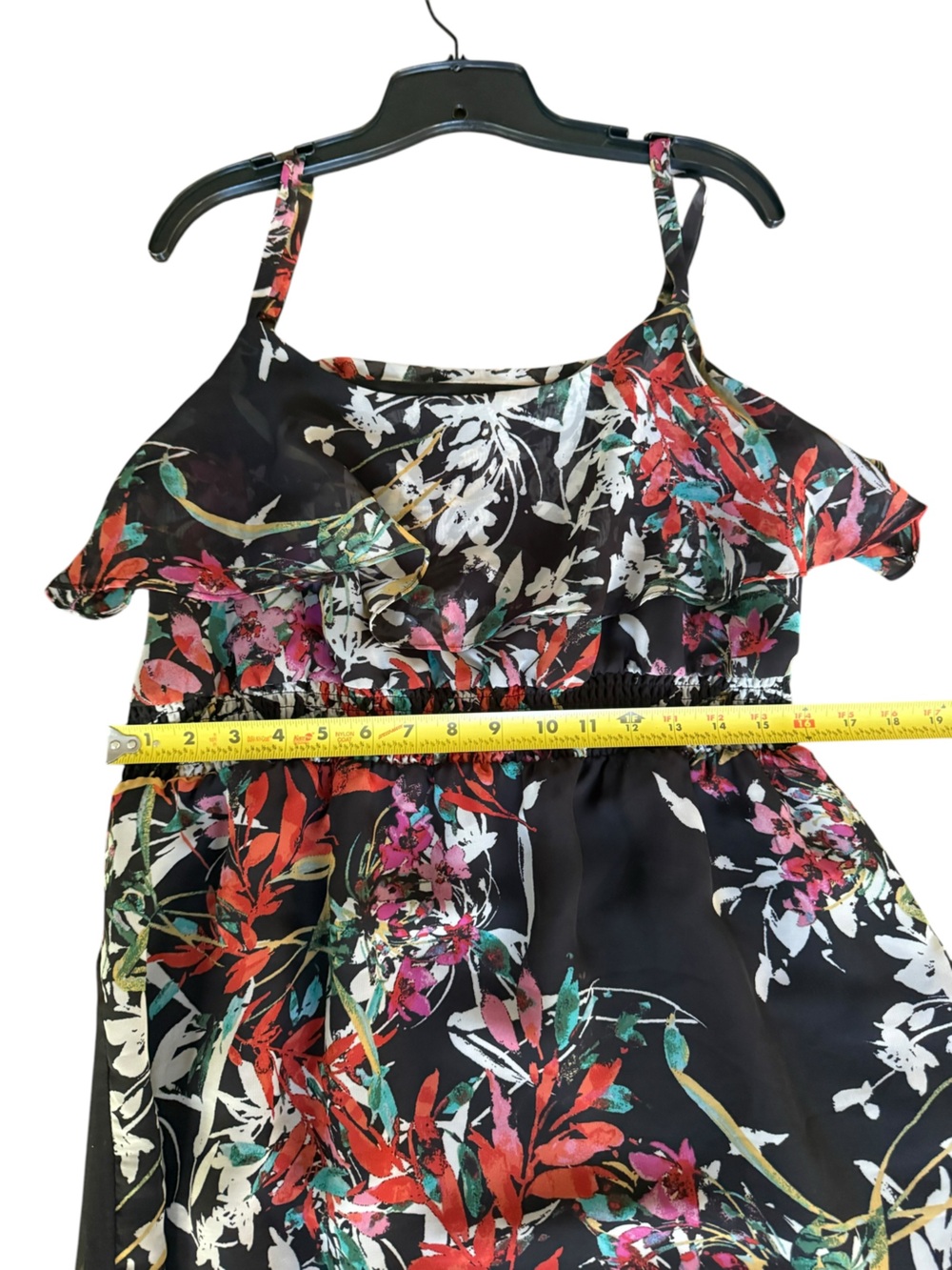 Black Floral Smocked Chiffon Tiered Boho Maxi Dress Ruffle Size Large - Picture 5 of 15